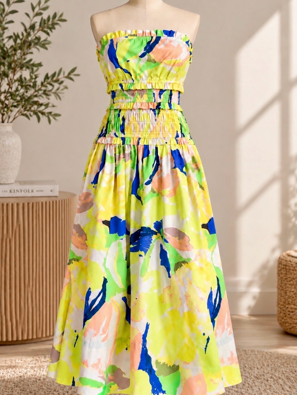 Smocked Strapless Midi Dress in Neon Yellow Floral